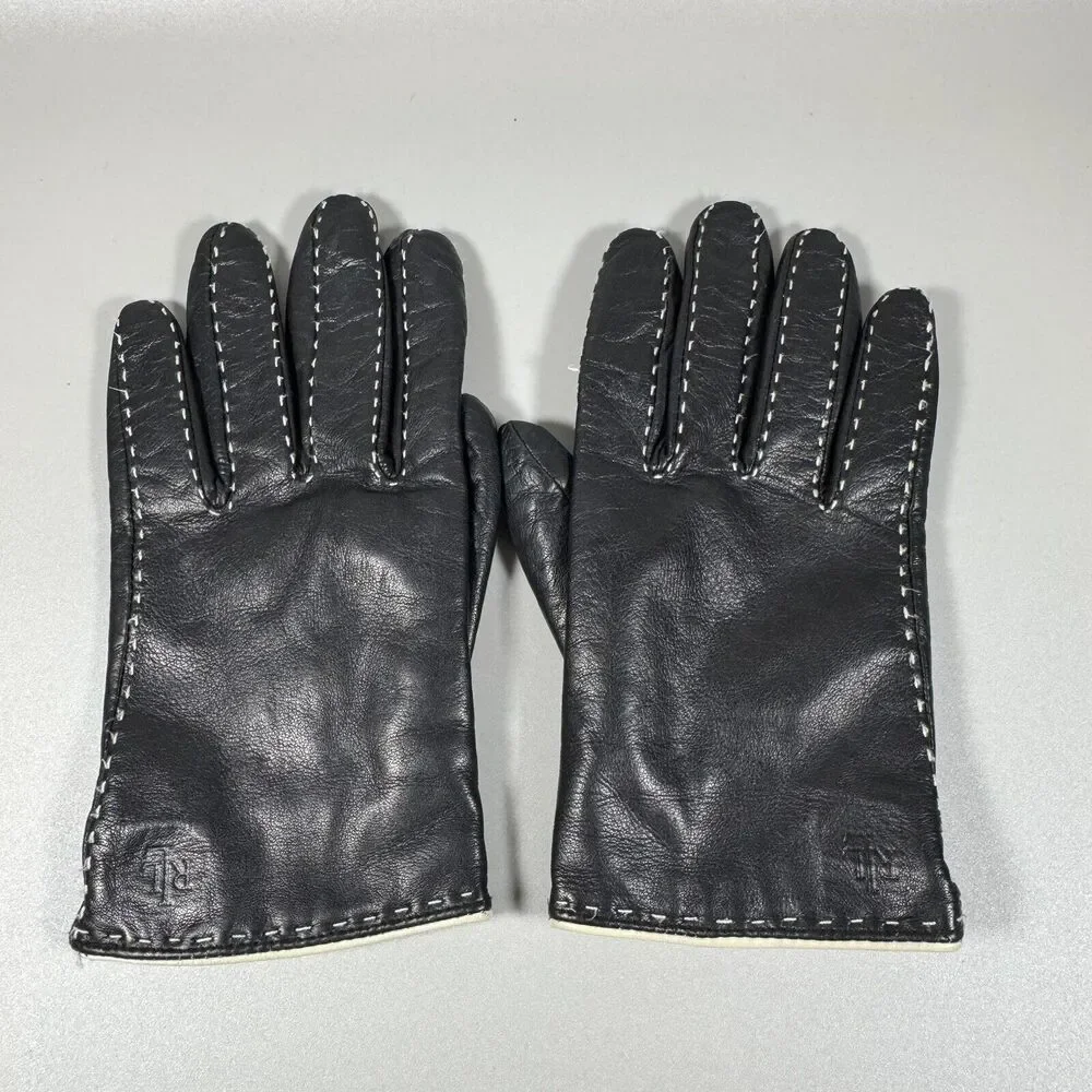 LAUREN Ralph Lauren Black Soft Leather Women's‎ Gloves Logo Large